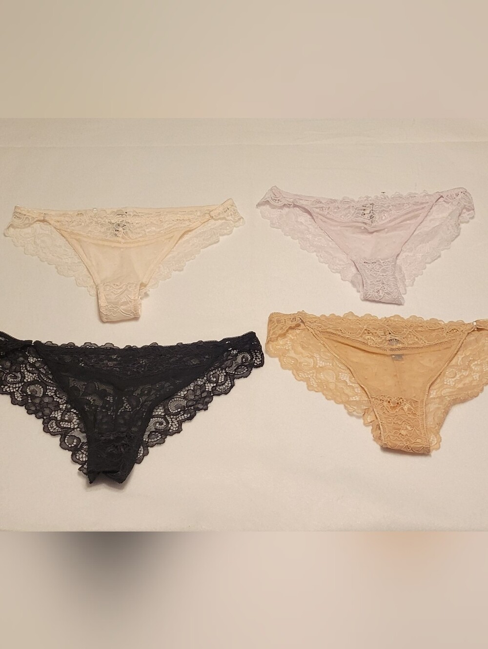 Daisy Fuentes Lace Bikini Sheer Panty 4 Pack - Black, Blush, Cream, Tan Large
